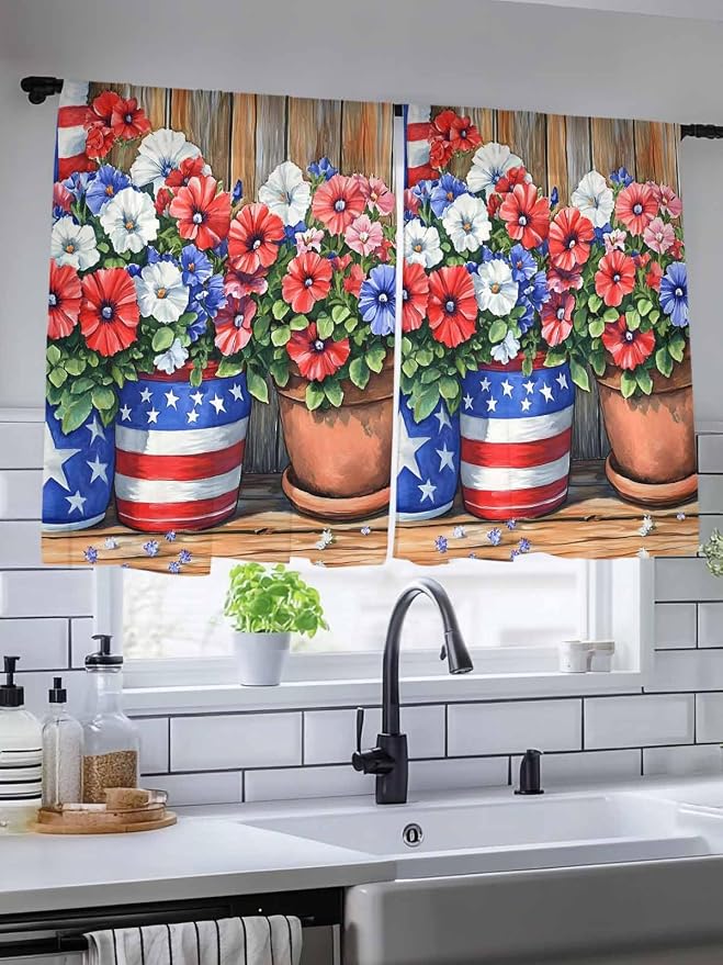 Sheer Curtains 45 Inch Length, Retro Independence Day Flag Wood Grain Privacy - Image 5
