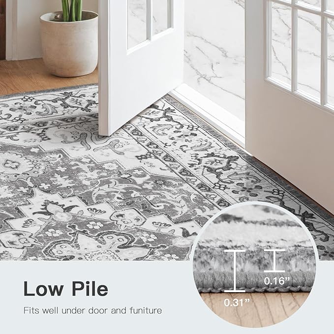 Lofus 5x7 Area Rugs for Living Room, Washable Area Rug, Rugs for Bedroom, Kitchen, Vintage Boho Carpet, Soft Non-Slip, Low Pile Large Area Rug for Office Dining Room, Floral Grey