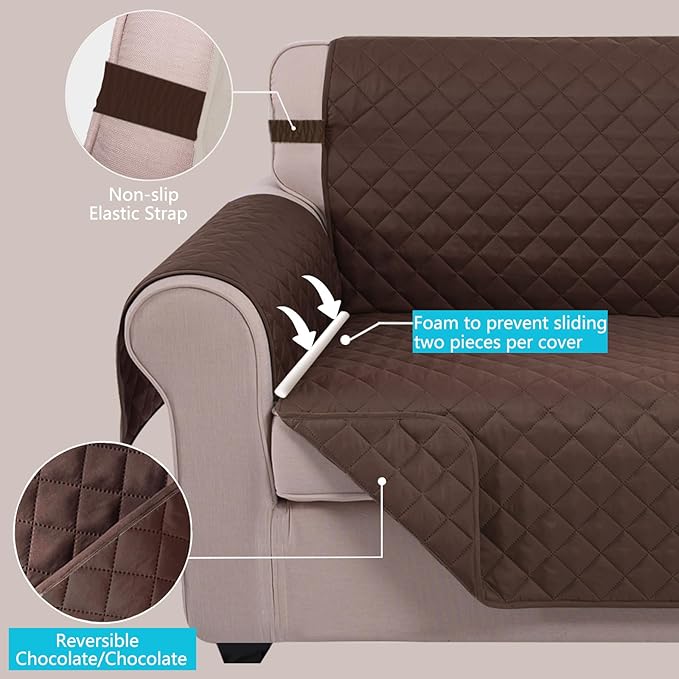 U-NICE HOME Loveseat Sofa Cover Reversible Couch Cover for Dogs with Elastic Straps Water Resistant Furniture Protector for Pets Couch Cover for 2 Cushion Couch (Loveseat, Chocolate/Chocolate)