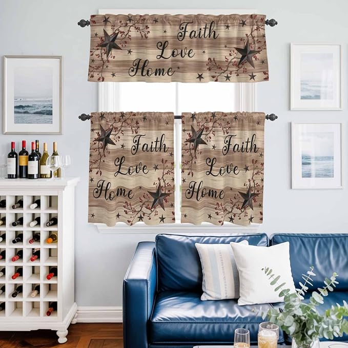 Kitchen Curtains Tiers and Valance Set of 3, Farmhouse Star Brown Light - Image 6