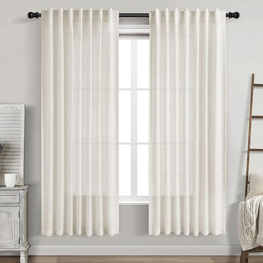 Nanspring Cream Linen Curtains 77 Inches Long for Bedroom Back Tab Light Filtering Privacy Sheer Curtains Modern Farmhouse Coastal Decor Cotton Textured Gauze Curtain for Bathroom 2 Panel Set 52x77