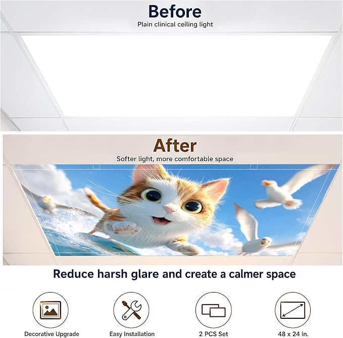 2 Pack Cute Surfing Cat Decorative Ceiling Light Covers, Magnetic 4x2 Ft - Image 5