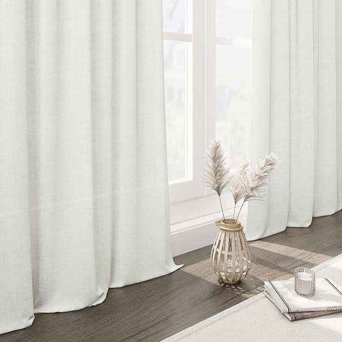 Solid Off White Curtains 96 Inches Long 2 Panels Back Tab Sheer Linen Curtain Modern Farmhouse Coastal Decor White Cotton Textured Gauze Curtains 96 inch Length for Patio Sliding Door Office Bedroom
