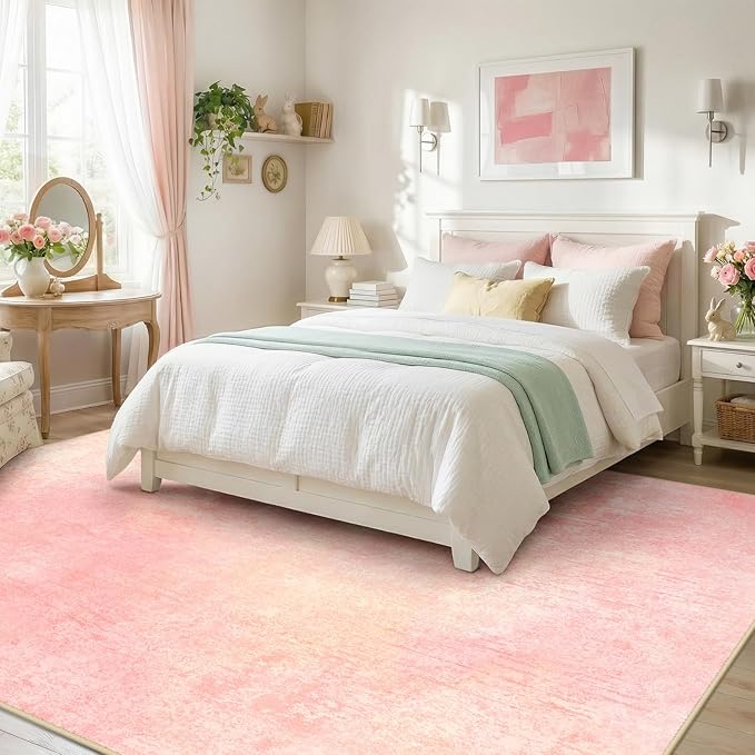 Washable Area Rugs 6'x9' Non-Slip Modern Abstract Soft for Living Room Entryway Bedroom Nursery, Print Pattern, Light Pink