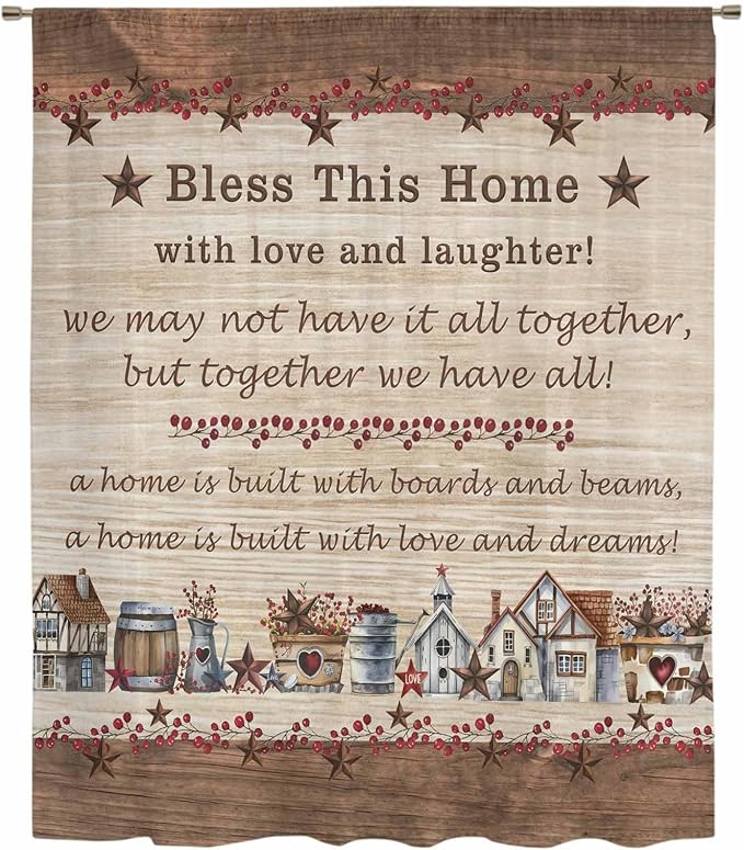 Farmhouse Sheer Curtains 54 Inch Length Brown Country Star Berry Vintage Wood - Image 6