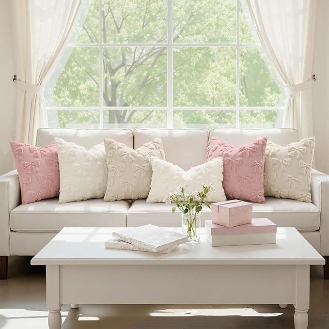 decorUhome Pink Bow Pillow Covers Set of 2 Coquette Aesthetic Cute Preppy Plush Faux Pillowcases for Girly Bedroom or Couch 20x20 Inch