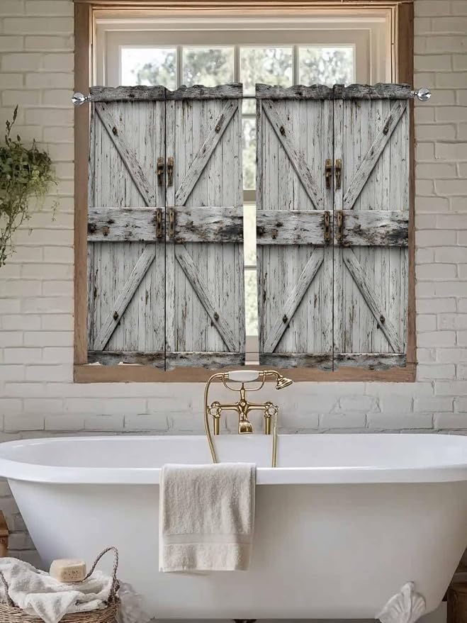 Vintage Gate Tier Curtains 45 Inches Long, Farmhouse Wooden Grain Shabby Chic - Image 7