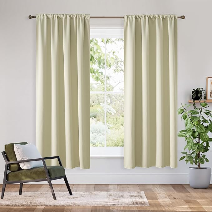 RYB HOME Bedroom Blackout Curtains 63 inches Long, 100% Blackout Thermal Insulated Noise Reducing Curtains for Living Room Nursury, 34 inches Wide by 63 inches Long, Beige