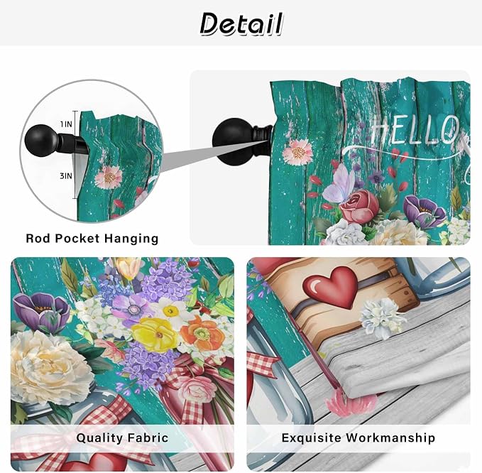 Spring Flowers Kitchen Curtains, Farmhouse Watercolor Teal Wood Grain Light - Image 9