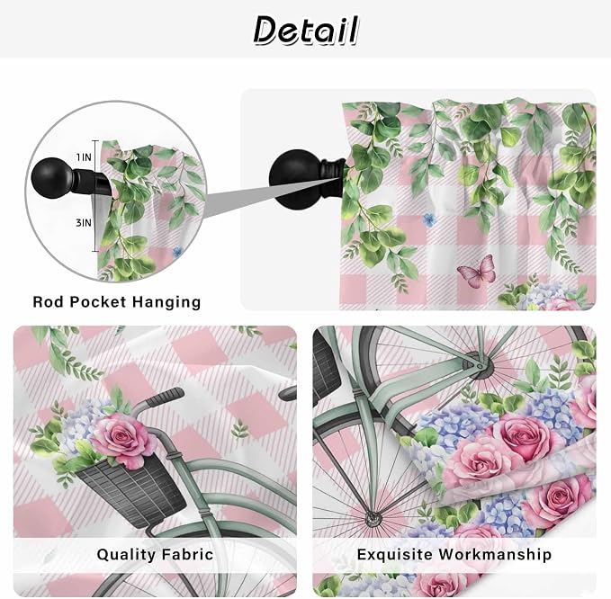 Spring Kitchen Curtains, Bicycles Leaves Butterfly Flowers Pink Buffalo Plaid - Image 9