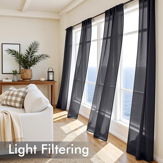 MIULEE Black Sheer Curtains 96 Inches Long, 4 Panels Set, Light Filtering Halloween Rod Pocket Voile Drapes for Living Room and Bedroom, Airy Soft Fabric Window Treatments, 54 x 96 Inches