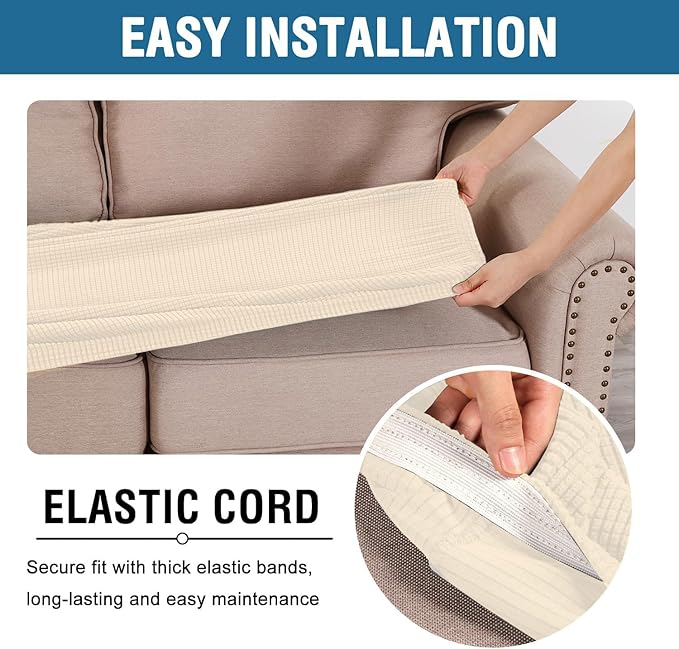 H.VERSAILTEX Super Stretch Individual Seat Cushion Covers Sofa Covers Couch Covers Slipcover Sets Thick Jacquard Textured Twill Fabric (2 Piece Large Sofa Cushion Covers, Cream)