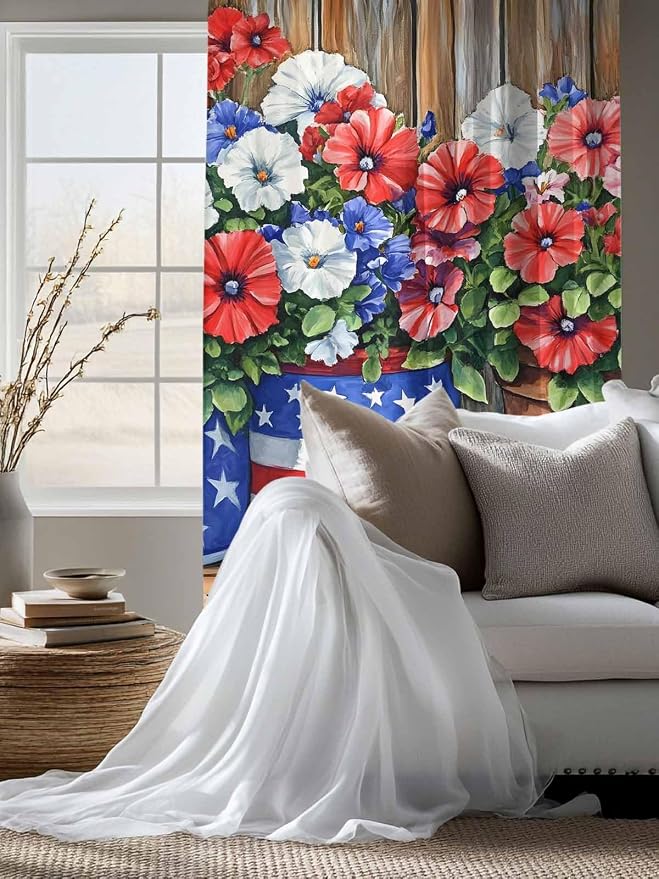 Sheer Curtains 63 Inch Length, Retro Independence Day Flag Wood Grain Privacy - Image 4