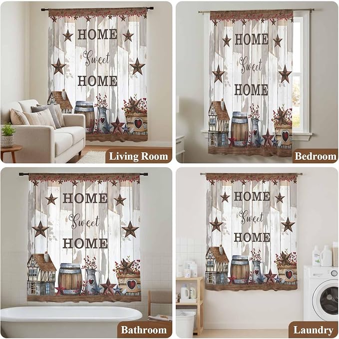Farmhouse Sheer Curtains 54 Inch Length Retro Country Star Berry Vintage Wood - Image 7