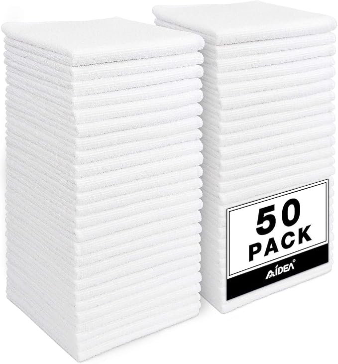AIDEA Microfiber Cleaning Cloth White 50PK, Cleaning Rags, Microfiber Towels by AIDEAHOME
