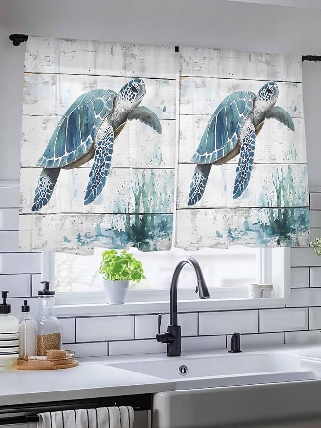 Sheer Curtains 45 Inch Length, Teal Green Sea Turtle Semi Sheer Curtains Light - Image 5