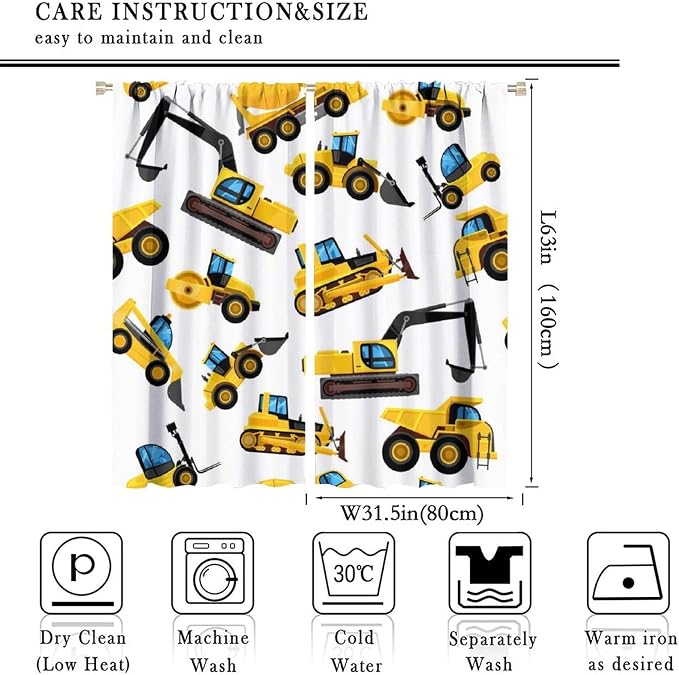 Kids Construction Equipment Window Curtains, Excavator Tractor Tow Truck Rod - Image 4