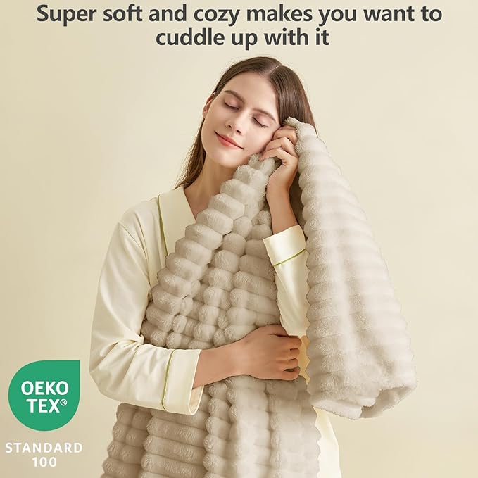 HIMEET Linen Ribbed Queen Size Blanket for Bed - 300GSM Lightweight Fleece Blanket for Men Women, Large Cozy Sofa Couch Cover Bed Blankets Gifts, Striped Spring Home Room Decor, Linen, 90x90 Inches