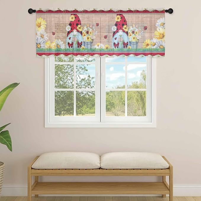 Ladybug Gnome Sheer Valance Curtains, Country Summer Rustic White Yellow Daisy - Image 4