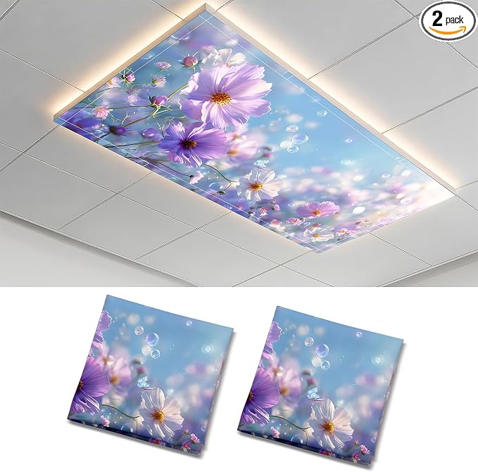 2 Pack Dreamy Purple Flower Decorative Ceiling Light Covers, Magnetic 4x2 Ft by AOHMPT