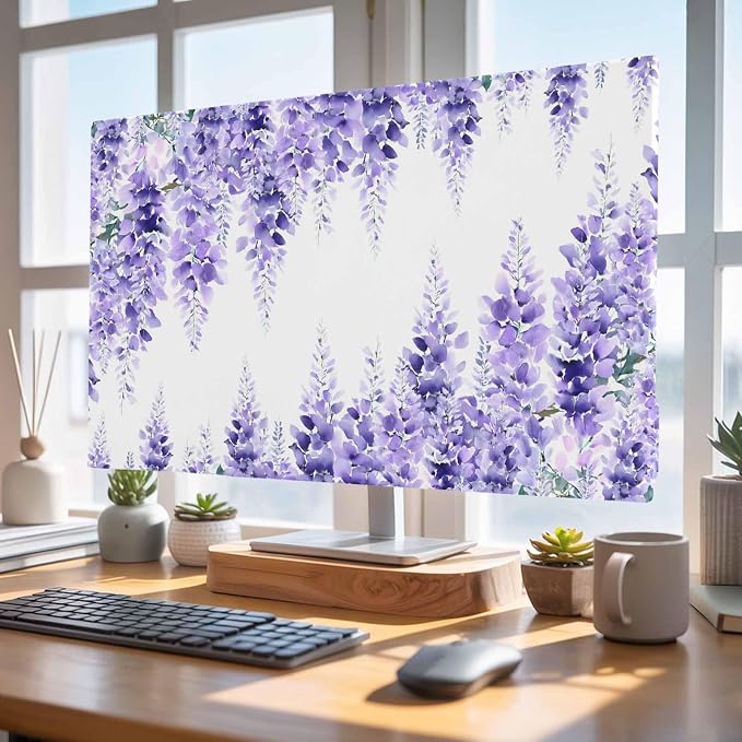 Watercolor Purple Vineflowers Leaves Indoor TV Cover, Elastic TV Screen - Image 4