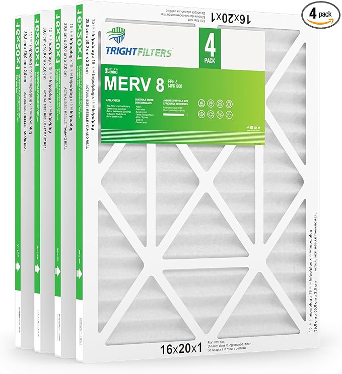 16x20x1 Air Filter 4 Pack, MERV 8 Pleated Dust Defense Air Filters Replacement by TrightFilters