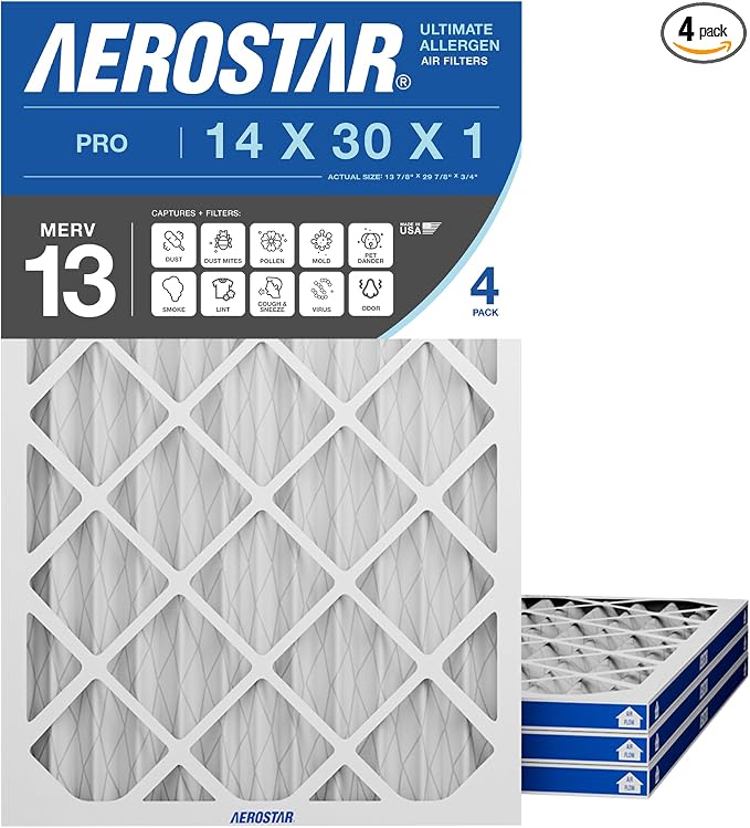 Aerostar 14x30x1 MERV 13 Air Filter, Pleated AC Furnace HVAC Filters, MPR 1200 by AirFiltersDelivered