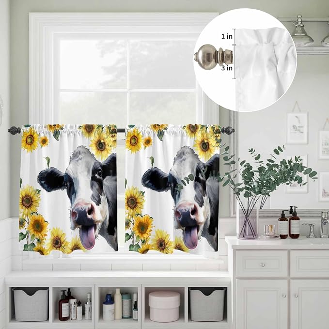 Kitchen Curtains Tiers and Valance Set of 3, Cow Sunflowers Light Filtering - Image 8