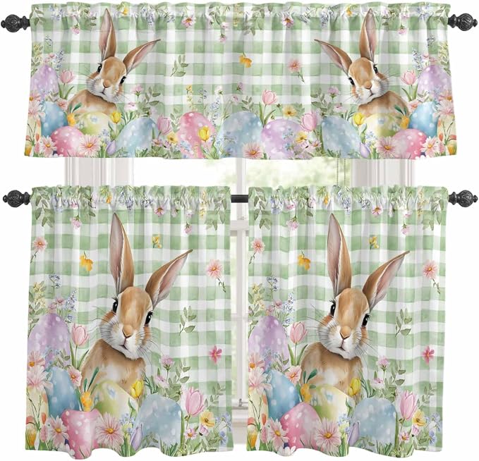 Kitchen Curtains Tiers and Valance Set of 3, Easter Light Filtering Window by Anzona