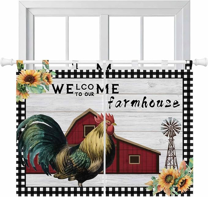 Farmhouse Rooster Kitchen Curtains 45 Inch Length, Short Cafe Window Curtains by Unknown
