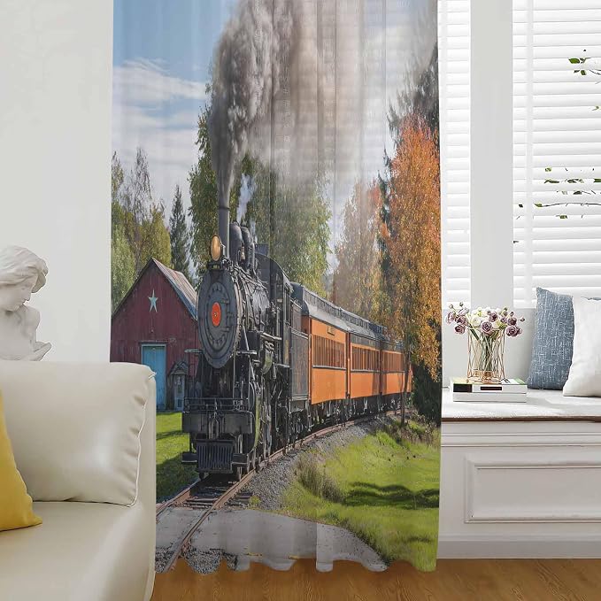 Steam Train Sheer Curtains 45 Inch Length Railroad Country Barn Rustic Trees by Unknown