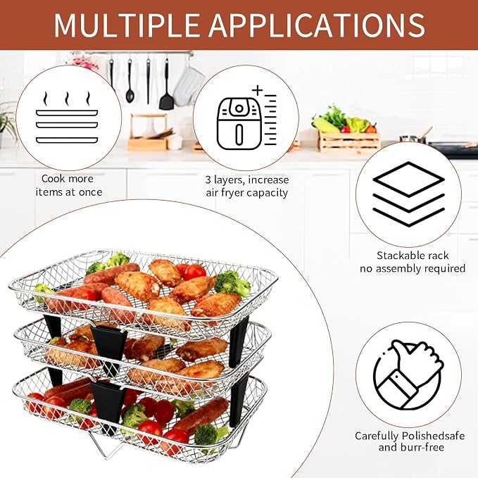 3-Tier Air Fryer Baskets, 7.79×5.23" Stackable Stainless Steel Racks - Image 3