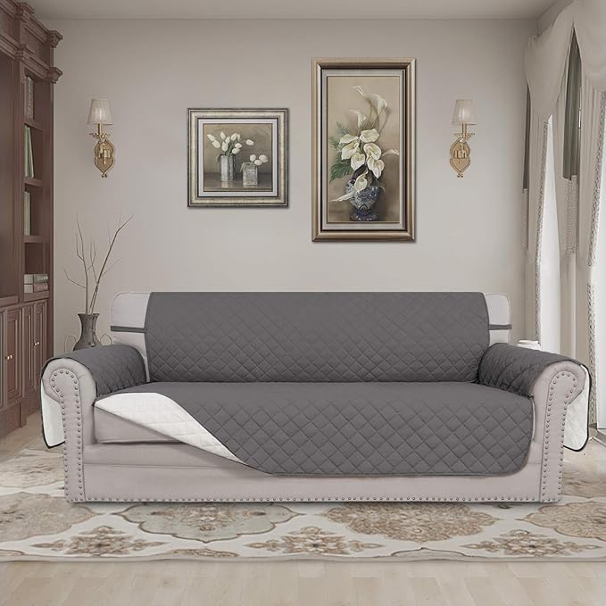 Easy-Going Reversible Couch Cover for 3 Cushion Couch Sofa Cover for Dogs Water Resistant Furniture Protector Cover with Foam Sticks Elastic Straps for Pet Cat (Sofa, Gray/Ivory)
