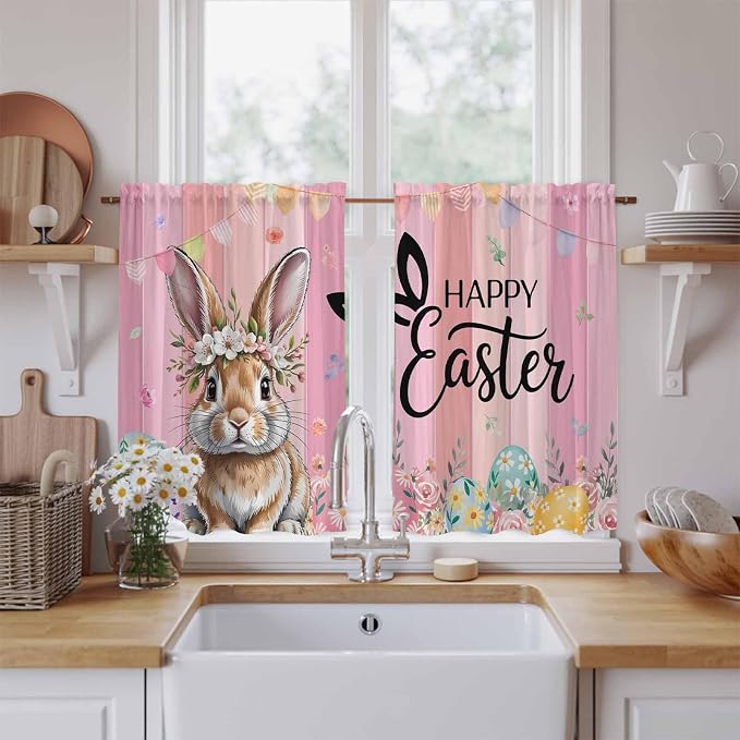 Easter Kitchen Curtains, Spring Rabbit Eggs Flowers Flags Leaves Wood Grain - Image 2