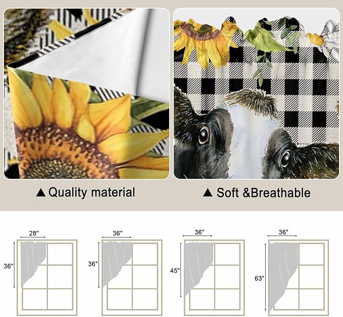 Retro Sunflowers Swag Valances for Windows, Farmhouse Floral Cow Butterfly - Image 5