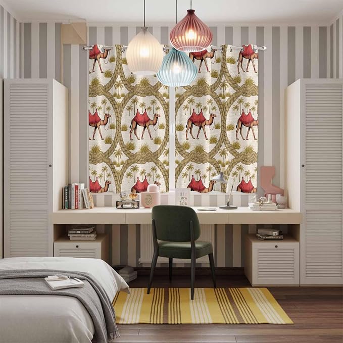 2 Panel Kitchen Cafe Curtains, Camels Palm Trees Sunlight Filtering Nature Air - Image 5