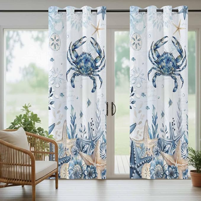 Oceans Outdoor Curtains for Patio Crabs Marine Life Shell Starfish Blue - Image 6