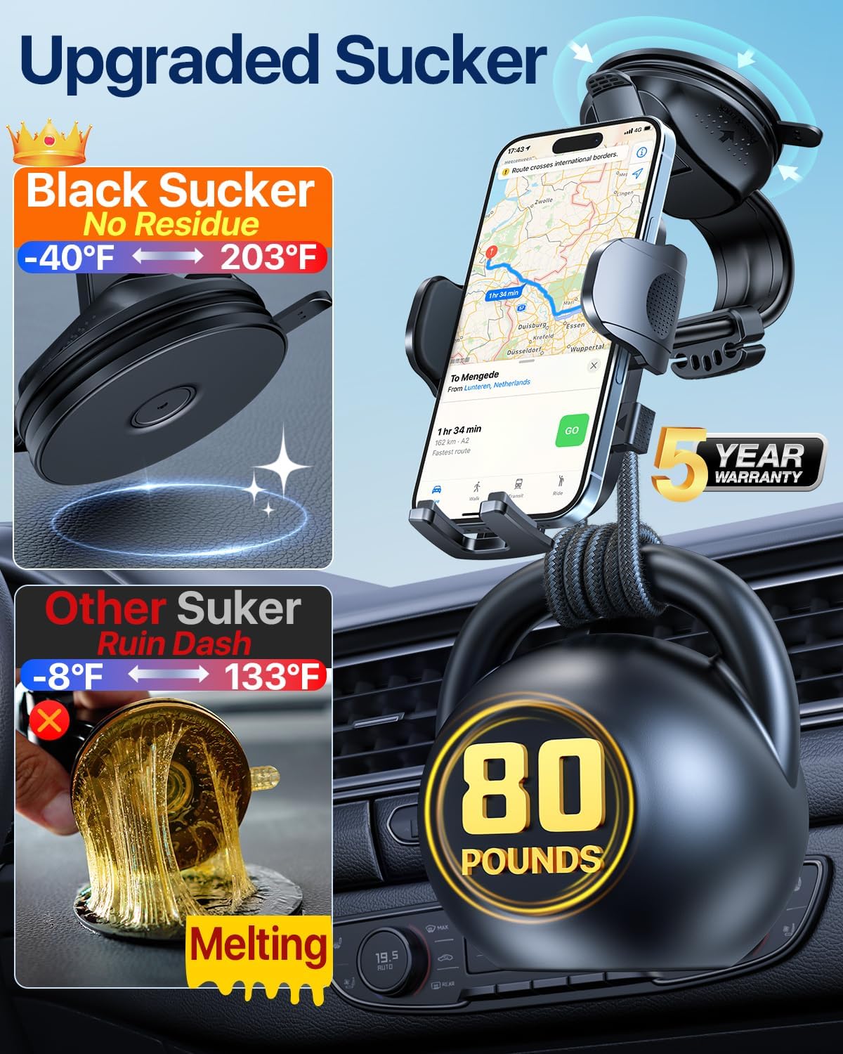 HTU Upgraded Strongest Suction Car Phone Holder Bendable Arm, Never Block View Rotatable Cellphone Mount for Dashboard Windshield Vent, Cradle Stand for iPhone 16 15 14 13 12 Pro Max (Red)