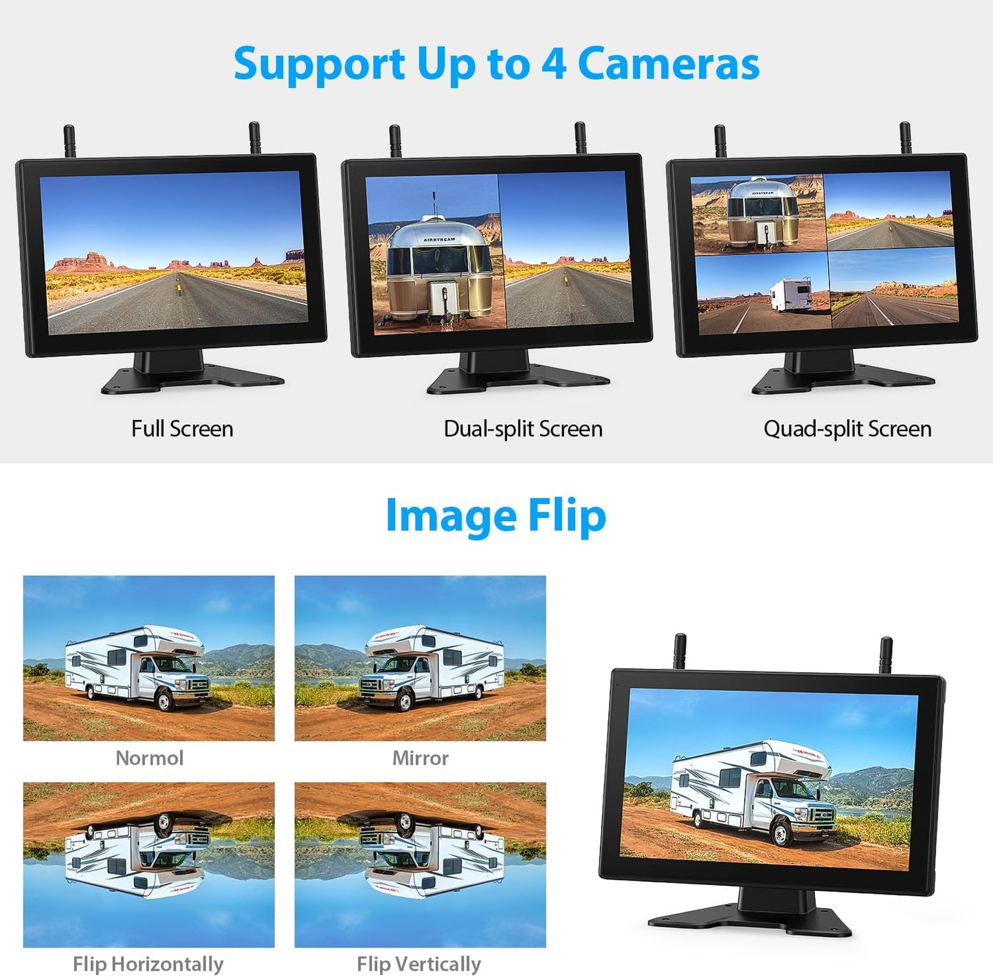 10.1" Magnetic Solar Wireless Backup Camera System, HD1080P Loop Recording 10.1 Inch Touchscreen Monitor with Quad RV Backup Cameras Wireless System for RV Trailer Tractor Truck, BL101