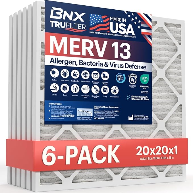 BNX 20x20x1 Air Filter MERV 13 HVAC AC Furnace Dust Pet Allergen 6-Pack | by BNX