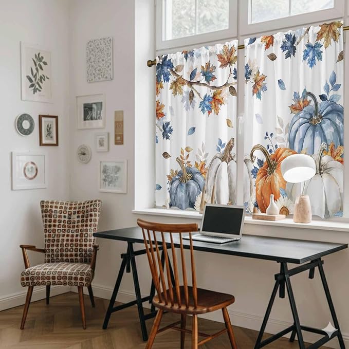 Navy Blue Pumpkin Fall Kitchen Curtains 54 Inch Long 2 Panel Set, Rod Pocket - Image 6