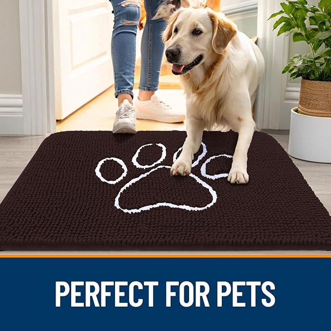 OLANLY Dog Door Mat for Muddy Paws 59x32, Paw Print Design, Absorbs Moisture and Dirt, Absorbent Non-Slip Washable Doormat, Quick Dry Chenille Mud Mat for Dogs, Entry Indoor Entryway Carpet, Brown