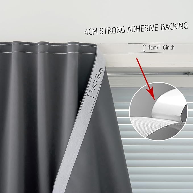 Magic Tape Stick On Curtains Window Shades Pull Down Blackout Window Cover Blackout Curtains for Bedroom No Drillng Self Adhesive Curtains No Rod Small Curtain, 47" W X 79" L, Grey, 1 Panel