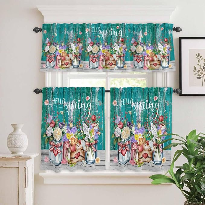 Spring Flowers Kitchen Curtain Set, Farmhouse Watercolor Teal Wood Grain Window - Image 2