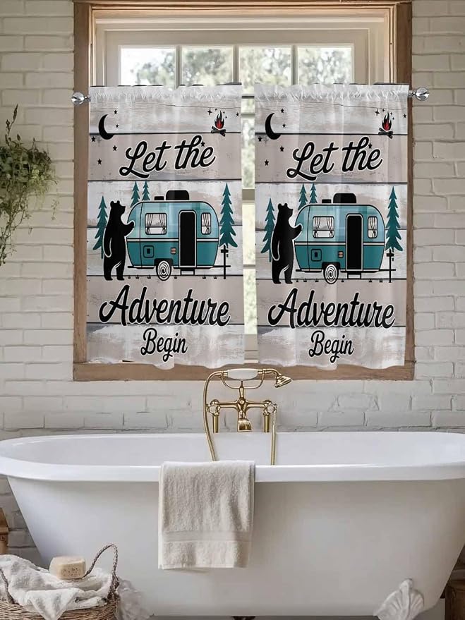 Farmhouse Bear Camper Van Tree Window Valance Curtains, Vintage Wood Grain - Image 6