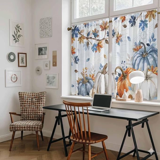 Fall Blue Maple Kitchen Curtains 54 Inch Long 2 Panel Set, Rod Pocket Window - Image 6