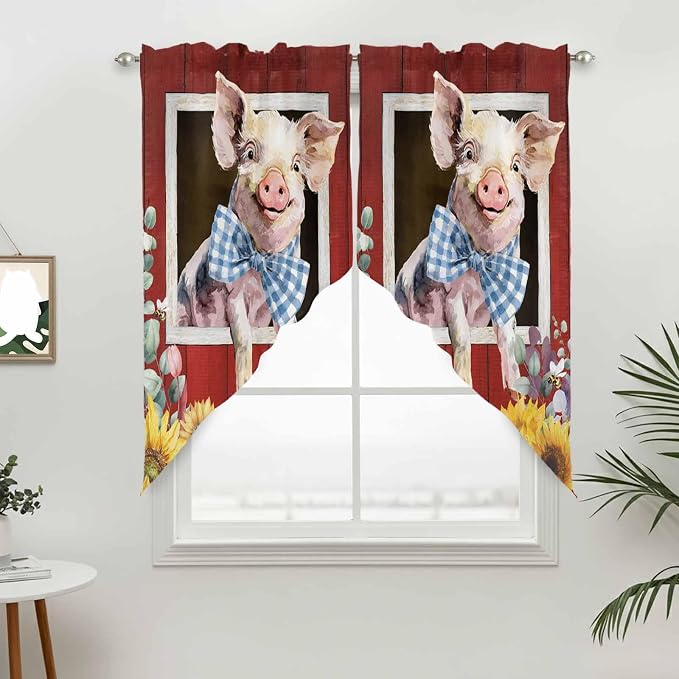 Pig Sunflowers Swag Valances for Windows, Eucalyptus Leaves Floral Bees Red - Image 3