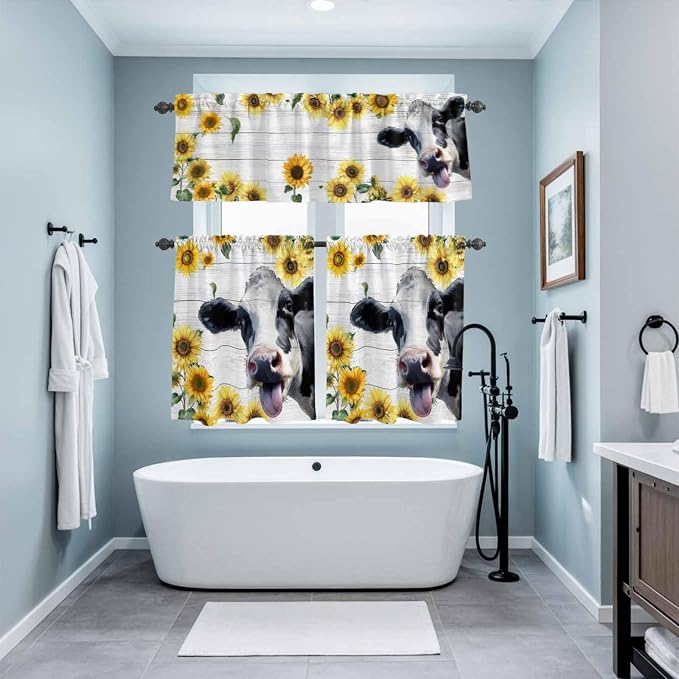 Kitchen Curtains Tiers and Valance Set of 3, Cow Sunflowers Light Filtering - Image 9