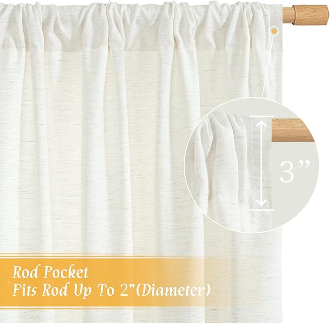 LAMIT Faux Linen Curtains 63 inches Long for Bedroom, Ivory Rod Pocket Linen Drapes Light Filtering Semi Sheer Privacy Curtains for Small Window/Farmhouse, 2 Panels (52 x 63 Inch, Natural)