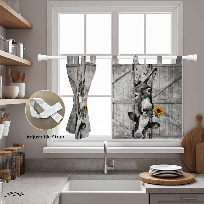Funny Farm Animals Kitchen Curtains 24 Inch Length, Small Window Curtains Tab - Image 5